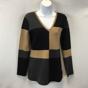 Doncaster V-neck Color Block Knit Sweater Black Tan Gray